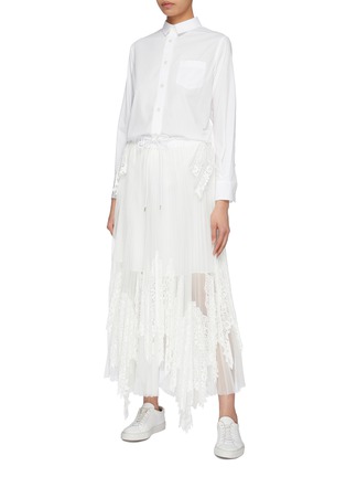 Figure View - Click To Enlarge - SACAI - Pleated lace panel tulle drawstring skirt