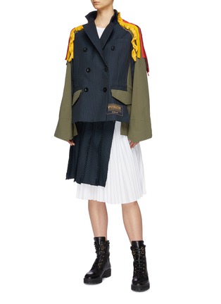 Figure View - Click To Enlarge - SACAI - x Pendleton graphic embroidered panel pinstripe double-breasted jacket