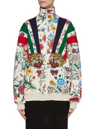 Main View - Click To Enlarge - GUCCI - Tiger embroidered patch floral print high neck zip jacket