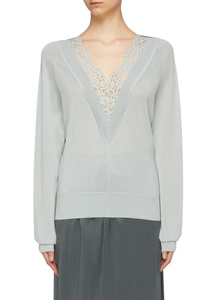 Main View - Click To Enlarge - CHLOÉ - Lace insert V-neck wool-silk sweater