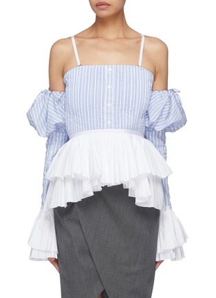 Main View - Click To Enlarge - SIMKHAI - Puff sleeve pleated stripe off-shoulder bustier top