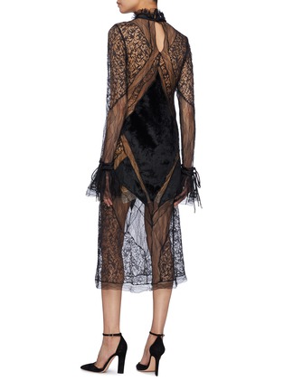 Back View - Click To Enlarge - SIMKHAI - Tie cuff velvet panel high neck mix lace dress