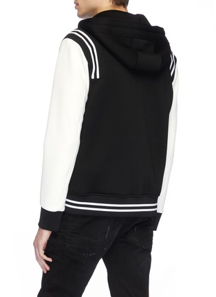 Back View - Click To Enlarge - NEIL BARRETT - Thunderbolt appliqué contrast sleeve neoprene zip hoodie