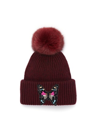Main View - Click To Enlarge - YVES SALOMON - Butterfly appliqué fox fur pompom wool-cashmere knit beanie
