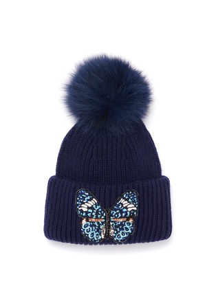 Main View - Click To Enlarge - YVES SALOMON - Butterfly appliqué fox fur pompom wool-cashmere knit beanie