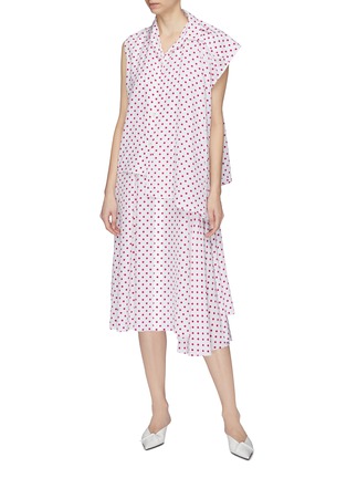Figure View - Click To Enlarge - BALENCIAGA - Convertible placket drape polka dot print twinset silk dress