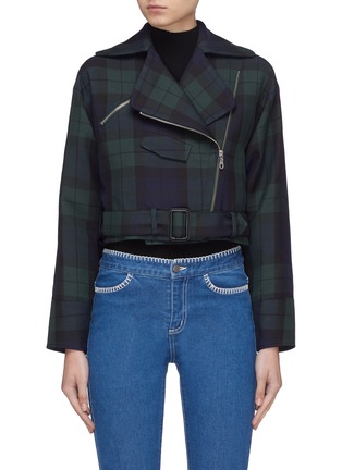 Main View - Click To Enlarge - HELEN LEE - Belted tartan plaid cropped biker jacket