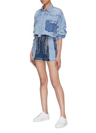 Figure View - Click To Enlarge - YVES DELORME - Button outseam frayed patchwork denim shorts