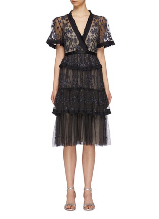 Main View - Click To Enlarge - NEEDLE & THREAD - 'Fortuny' floral embroidered tiered tulle dress