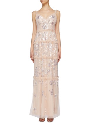 Main View - Click To Enlarge - NEEDLE & THREAD - 'Floral Gloss' ruffle trim sequin tulle sleeveless gown