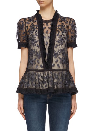 Main View - Click To Enlarge - NEEDLE & THREAD - 'Fortuny' floral embroidered tulle peplum top