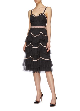 Figure View - Click To Enlarge - NEEDLE & THREAD - 'Venetian Scallop' floral trim tiered tulle dress