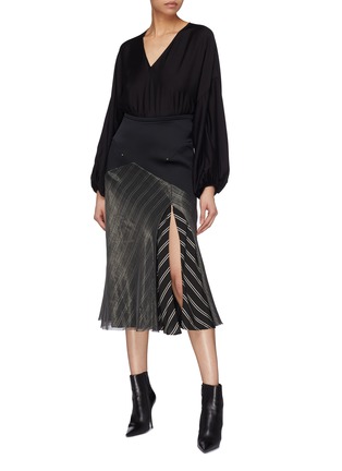 Figure View - Click To Enlarge - ESTEBAN CORTAZAR - Side split satin panel mesh overlay stripe skirt
