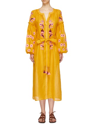 Main View - Click To Enlarge - MARCH11 - 'Arizona' belted floral embroidered linen dress
