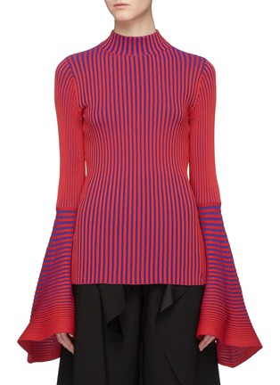 Main View - Click To Enlarge - SOLACE LONDON - 'Sattal' bell sleeve stripe rib knit mock neck top