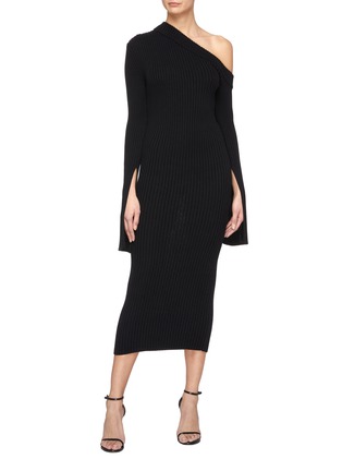 Figure View - Click To Enlarge - SOLACE LONDON - 'Maille' split cuff one-shoulder rib knit midi dress