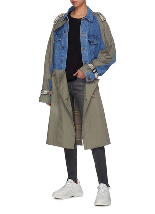 Figure View - Click To Enlarge - DRY CLEAN ONLY - Denim panel belted twill trench coat