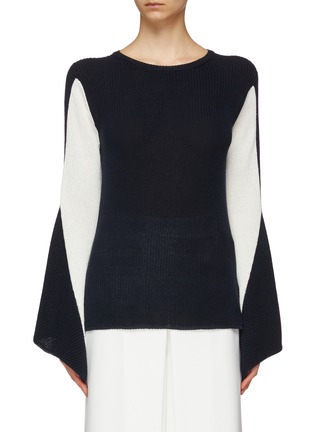 Main View - Click To Enlarge - MAISON FLANEUR - Colourblock twist sleeve tie back rib knit sweater