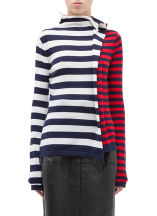 Main View - Click To Enlarge - MONSE - Ruffle colourblock stripe wool turtleneck sweater