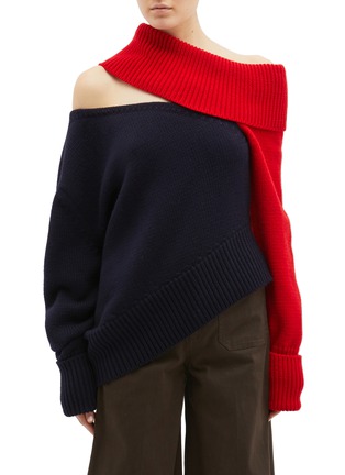 Main View - Click To Enlarge - MONSE - Cutout colourblock off-shoulder wool sweater