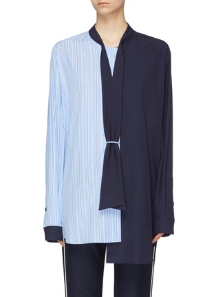 Main View - Click To Enlarge - XIAO LI - Sash neck stripe poplin panel asymmetric shirt