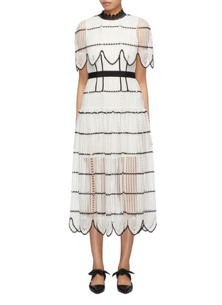 Main View - Click To Enlarge - SELF-PORTRAIT - Scalloped cape overlay stripe crochet lace dress