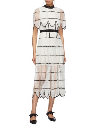 Figure View - Click To Enlarge - SELF-PORTRAIT - Scalloped cape overlay stripe crochet lace dress