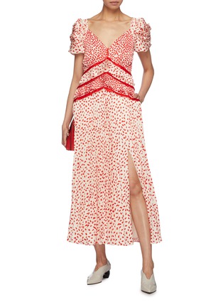 Figure View - Click To Enlarge - SELF-PORTRAIT - Puff sleeve ruffle waist graphic print satin dress