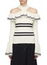 Main View - Click To Enlarge - SELF-PORTRAIT - Frill yoke stripe rib knit cold-shoulder sweater