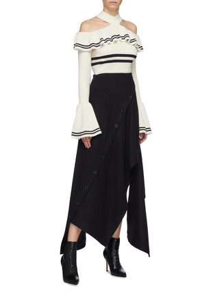 Figure View - Click To Enlarge - SELF-PORTRAIT - Frill yoke stripe rib knit cold-shoulder sweater