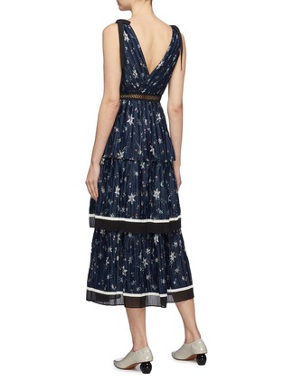 Back View - Click To Enlarge - SELF-PORTRAIT - Tie shoulder pleated tiered star print satin dress