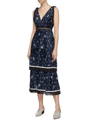 Figure View - Click To Enlarge - SELF-PORTRAIT - Tie shoulder pleated tiered star print satin dress