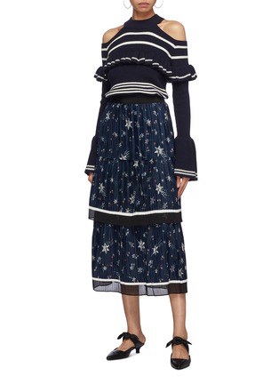 Figure View - Click To Enlarge - SELF-PORTRAIT - Pleated tiered star print satin skirt