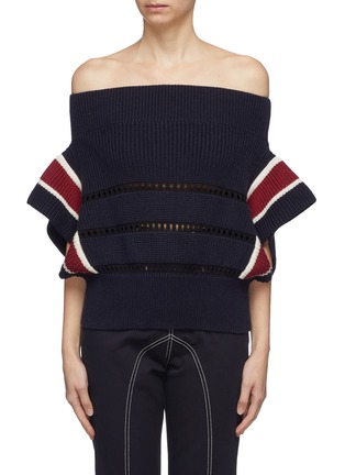 Main View - Click To Enlarge - SELF-PORTRAIT - Open knit trim colourblock off-shoulder sweater