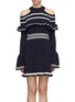 Main View - Click To Enlarge - SELF-PORTRAIT - Frill yoke stripe rib knit cold-shoulder dress