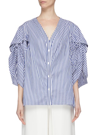 Main View - Click To Enlarge - MINKI - Ruched knot sleeve stripe poplin top