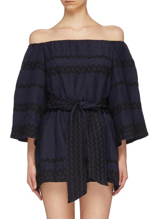 Main View - Click To Enlarge - C/MEO COLLECTIVE - 'Incise' ric-rac stripe linen off-shoulder rompers