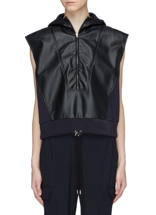 Main View - Click To Enlarge - CÉDRIC CHARLIER - Leather panel sleeveless half-zip hoodie