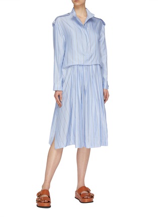 Figure View - Click To Enlarge - CÉDRIC CHARLIER - Gathered waist stripe cotton-silk shirt dress