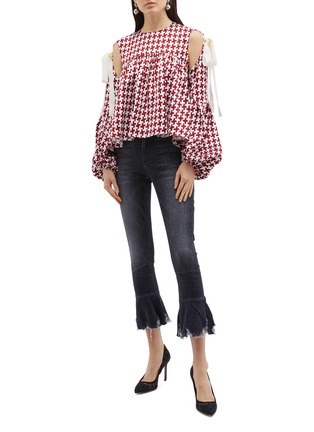 Figure View - Click To Enlarge - HELLESSY - 'Bay' tie cold shoulder balloon sleeve houndstooth top