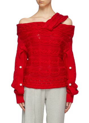 Main View - Click To Enlarge - HELLESSY - 'Melody' faux pearl sleeve cable knit off-shoulder sweater