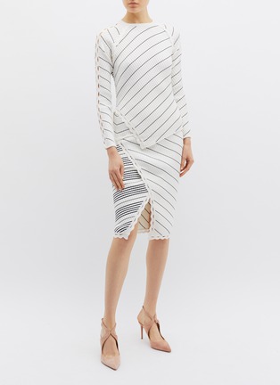 Figure View - Click To Enlarge - SIMKHAI - Cutout sleeve asymmetric stripe scalloped rib knit sweater