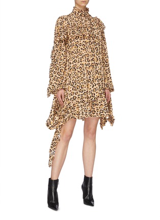 Figure View - Click To Enlarge - ROKH - Detachable cuff ruffle drape leopard print silk dress