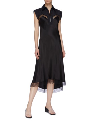 Figure View - Click To Enlarge - MAISON MARGIELA - Chantilly lace trim silk satin half-zip slip dress