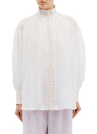 Main View - Click To Enlarge - ZIMMERMANN - 'Corsage Linear' cutout stripe high neck ramie blouse