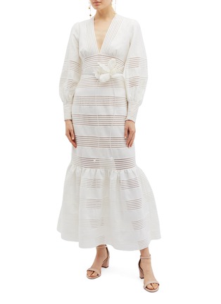 Figure View - Click To Enlarge - ZIMMERMANN - 'Corsage Linear' floral belted cutout stripe linen dress