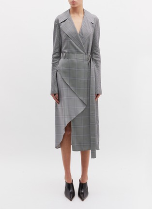 Main View - Click To Enlarge - DION LEE - Belted folded houndstooth check plaid wrap trench dress