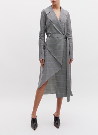 Figure View - Click To Enlarge - DION LEE - Belted folded houndstooth check plaid wrap trench dress