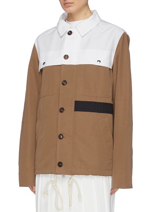 Detail View - Click To Enlarge - PLAN C - Detachable hood colourblock yoke Mackintosh jacket