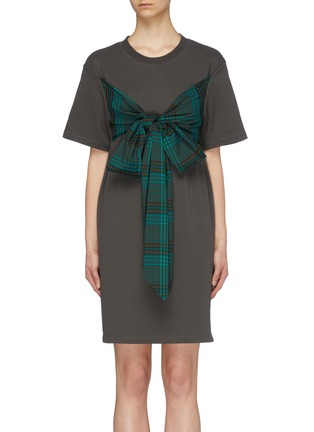 Main View - Click To Enlarge - PORTSPURE - Sash tie tartan check plaid panel T-shirt dress